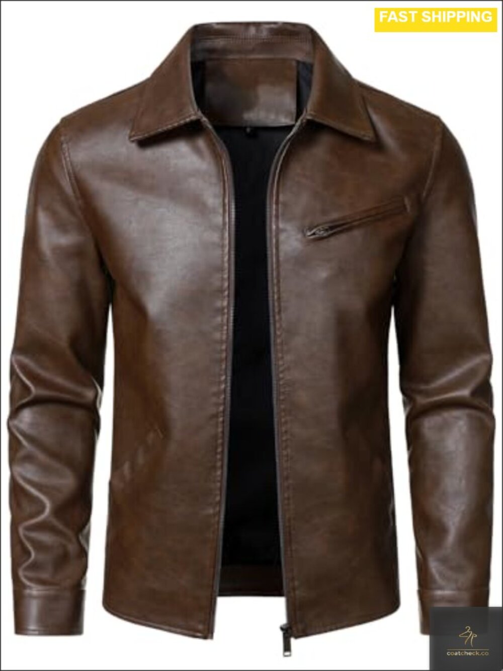 Men's Faux Leather Jacket Turn Down Collar Zip Up Coat Lightweight